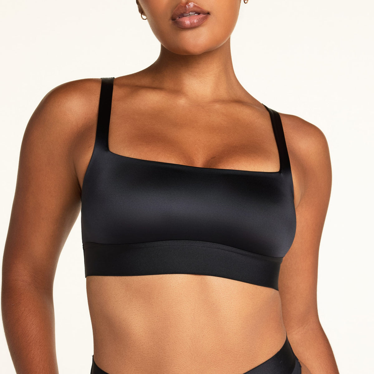 Stretch Satin Square Neck Bralette - Black