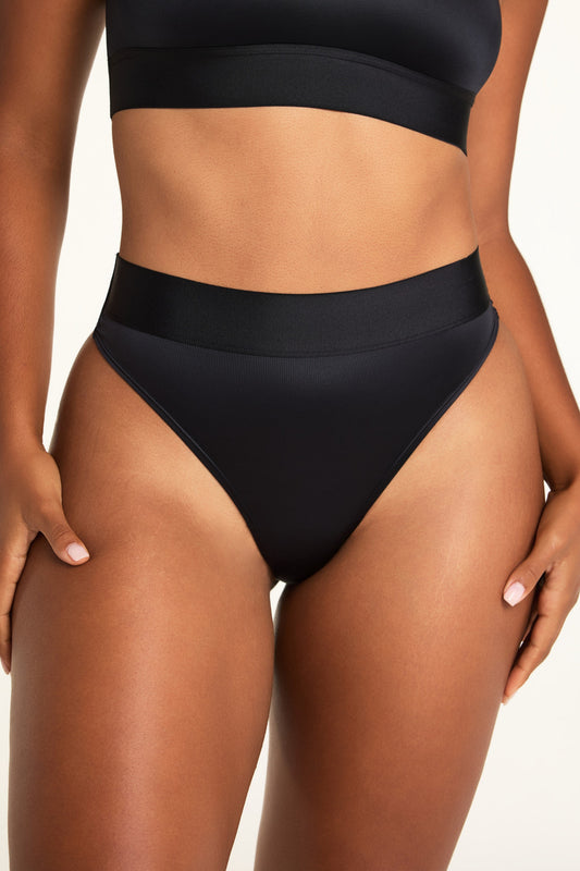 Stretch Satin Highwaist Thong - Black
