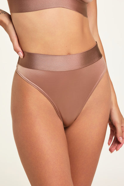 Stretch Satin Highwaist Thong - Champagne