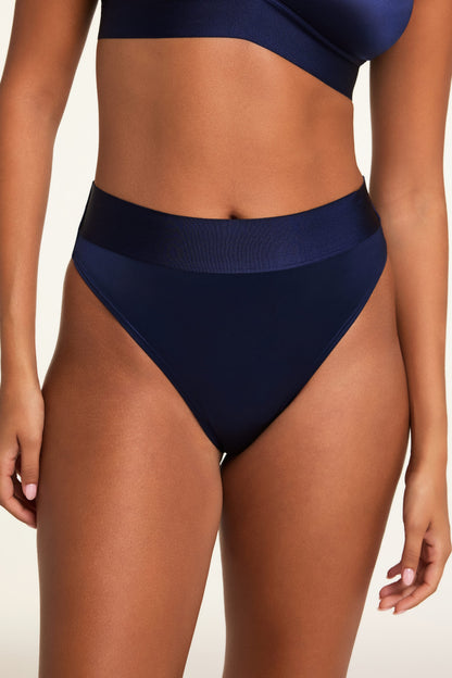 Stretch Satin Highwaist Thong - Navy