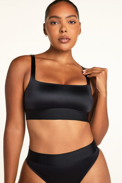 Stretch Satin Square Neck Bralette - Black