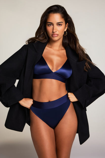 Stretch Satin Highwaist Thong - Navy