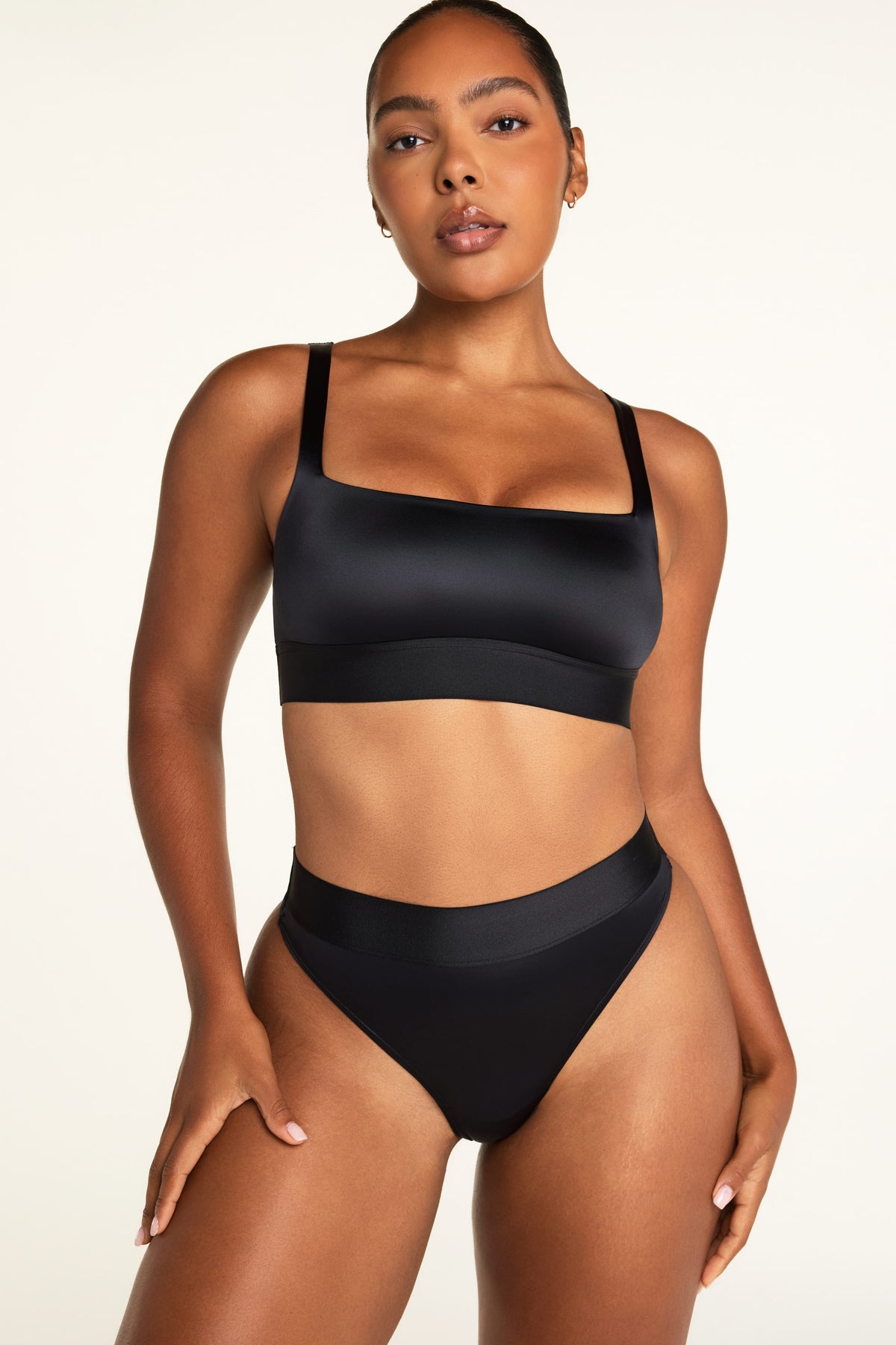 Stretch Satin Square Neck Bralette - Black