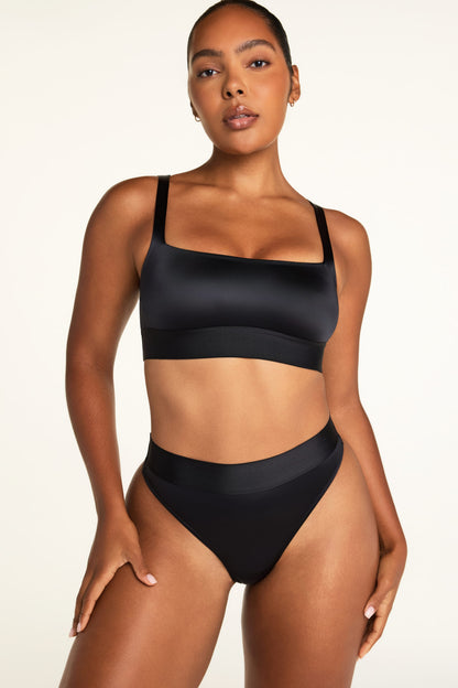 Stretch Satin Square Neck Bralette - Black